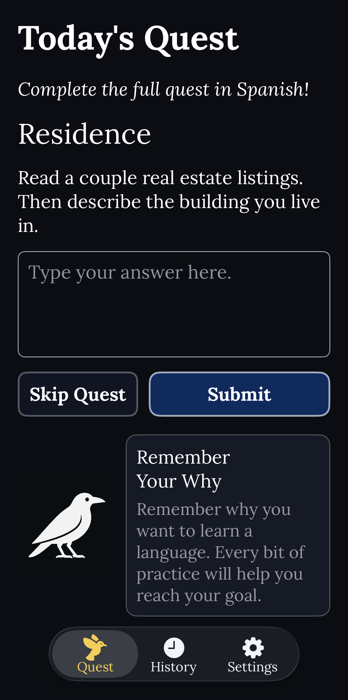 CrowSpeak quest screen in dark mode