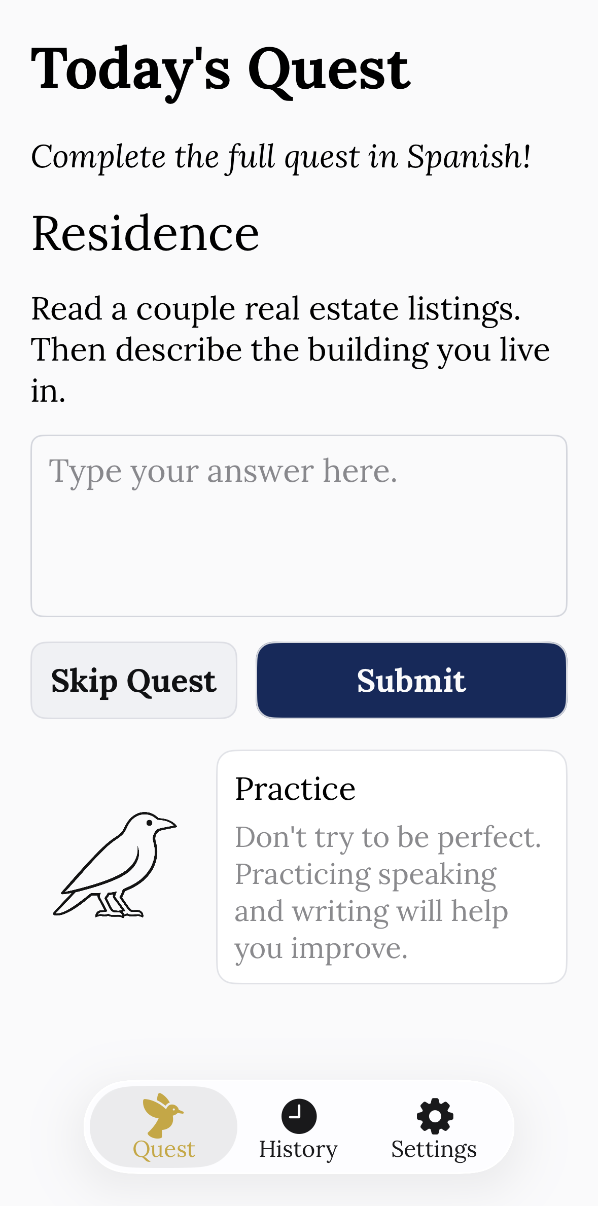 CrowSpeak quest screen